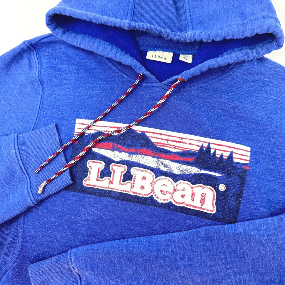LL‎ Bean Womens Medium Blue Graphic Logo Pullover Hoodie Sweatshirt FLAW